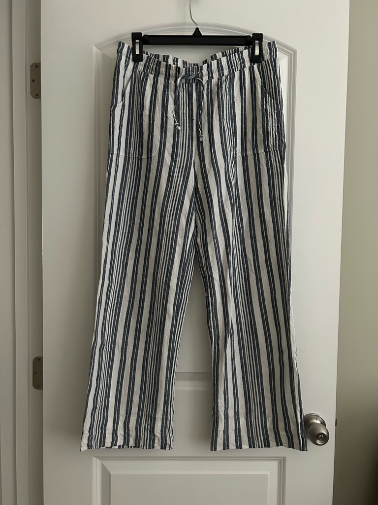 Pull On Linen Blend Blue/White Striped Flowy Pant Size Small